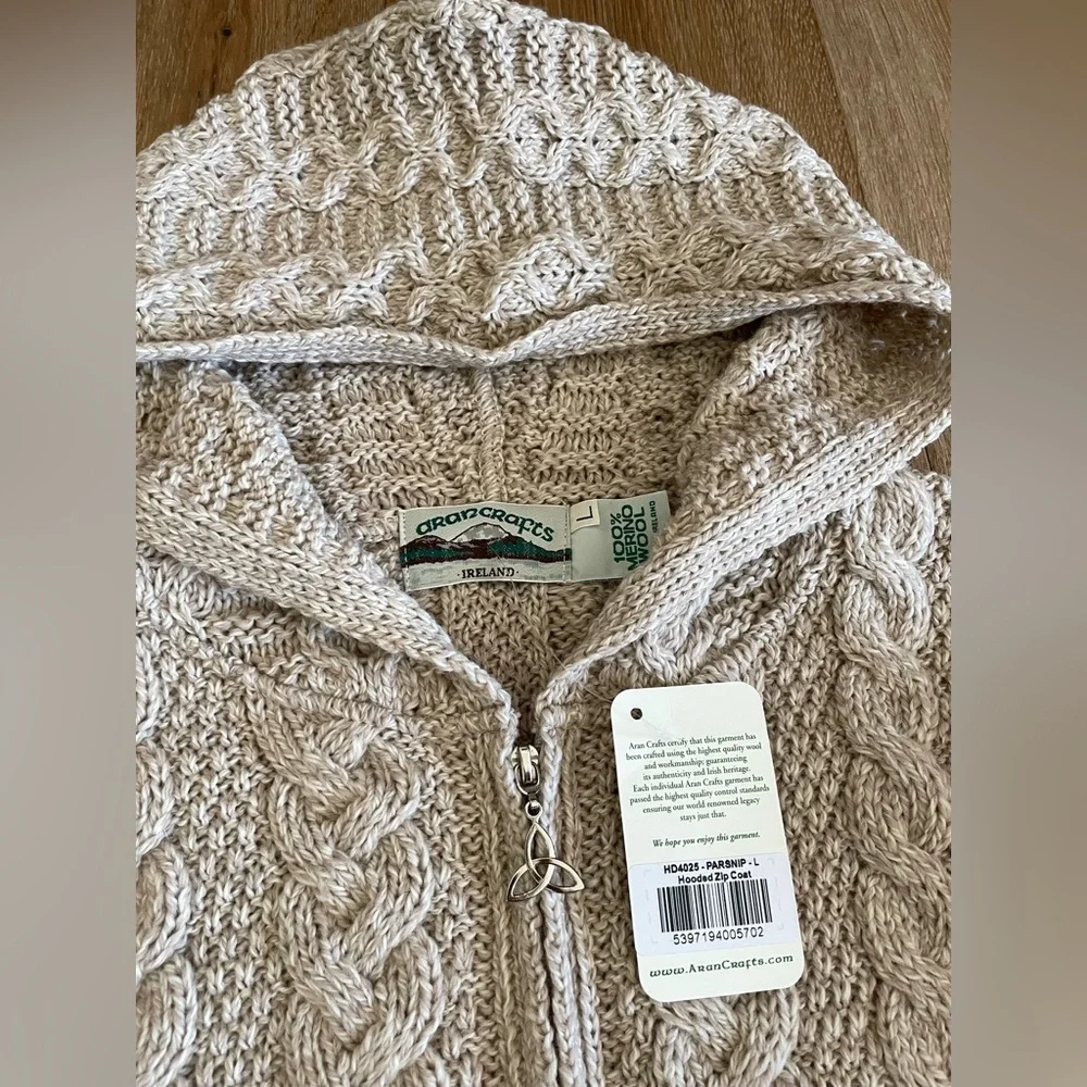 ARAN Ireland 100% Merino Wool Full Zip Sweater Coat Oatmeal L Chunky‎ Fisherman - Picture 5 of 10